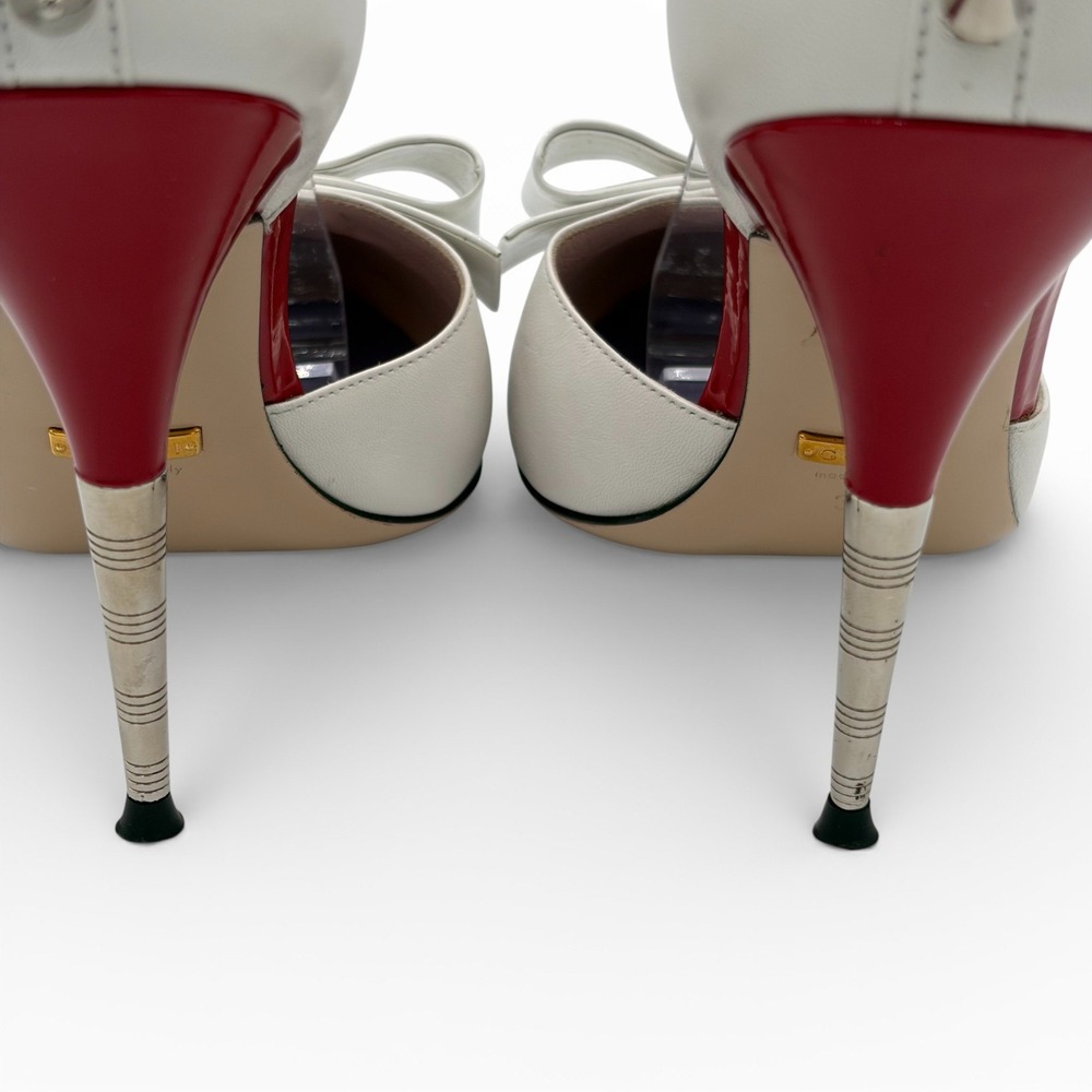 GUCCI Sadie *RARE* 2018 Studded Sz 38.5 White Leather Bow Heels Pumps 8.5 - Picture 5 of 12